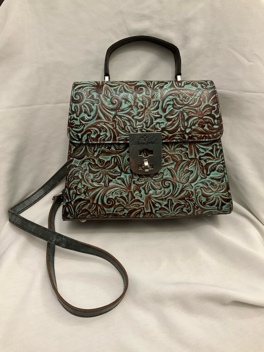 Patricia Nash Chauny Satchel burnished turquoise hand-tooled floral leather NWOT